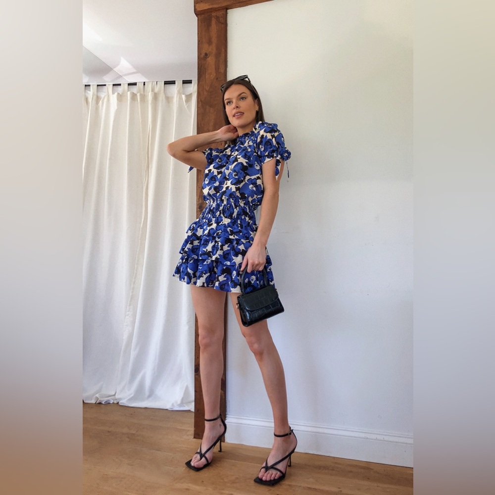 NWOT Who What Were CoOrd Matching Set Layer Floral ruffle puff short sleeve Blue